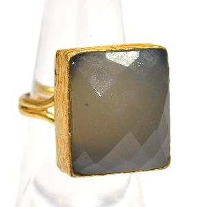 Gray Chalcedony Cushion Shape Gold Plated Bezel Gemstone Ring