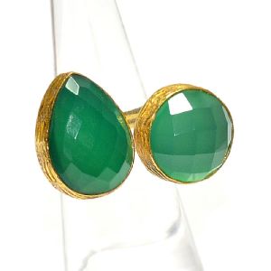 Green Onyx Pear and Round Shape Gold Plated Bezel Gemstone Ring
