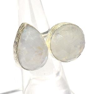Rainbow Moonstone Pear and 16Round Shape Silver Plated Bezel Gemstone Ring