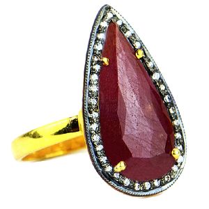 Red Sapphire With CZ Pear Shape Gold Plated over 925 Sterling Silver Ring