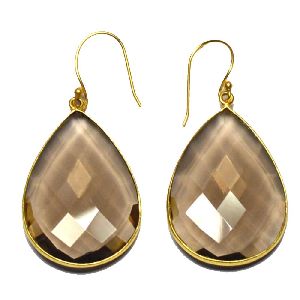 Smokey Pear Shape Gold Plated over 925 Sterling Silver Bezel Dangle AND Drop Earring