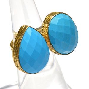 Turquoise Pear and Round Shape Gold Plated Bezel Gemstone Ring