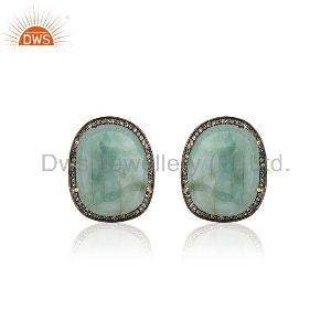 14k Gold Plated 925 Silver Pave Diamond And Emerald Gemstone Cufflinks For Mens