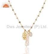 14K Gold Plated Rainbow Moonstone & Water Pearl 23 Inch Chain Brass Pendant