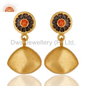 14K Yellow Gold Plated Handmade Heart Art Orange Zircon Dangle Brass Earrings