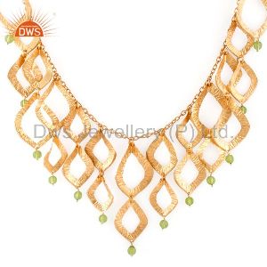 18K Gold Plated Leaf Design Green Peridot Glass Necklace