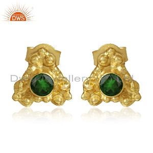 18k Gold Plated Designer Charome Diopside Gemstone Stud Earrings