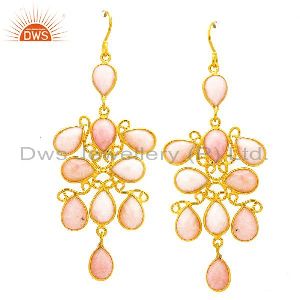 18k Gold Plated Sterling Silver Pink Opal Dangle Earrings Womens Jewelry