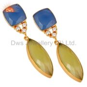 18K Yellow Gold Plated Blue Chalcedony Bezel Fashion Dangle Earrings With CZ