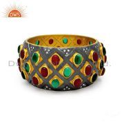 22K Yellow Gold Plated Sterling Silver Red Green Glass Wide Bangle
