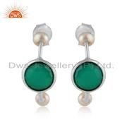 925 Fine Silver Designer Green Onyx Pearl Gemstone Hoop Earrings