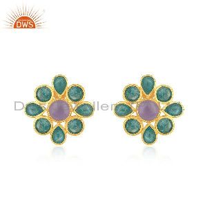 Amazonite Gemstone 925 Silver Yellow Gold PLated Stud Earrings