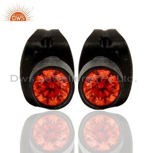 Black Rhodium Plated Orange CZ Gemstone Brass Stud Earrings
