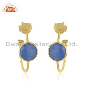 Blue Chalcedony Gemstone 18k Gold Plated Silver Hoop Earrings Jewelry