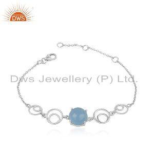 Blue Chalcedony Gemstone Fine Sterling Silver Designer Chain Bracelet