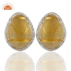 Citrine Hydro Gemstone With Cz 925 Sterling Silver Stud Earring