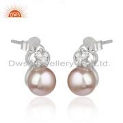 CZ Pink Pearl Gemstone White Rhodium Plated 925 Silver Earring Jewelry