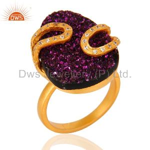 18k Yellow Gold-Plated Over Brass CZ Purple Druzy Ring