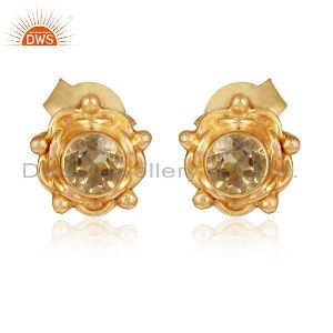 Designer Gold Plated 925 Silver Citrine Gemstone Stud Earrings