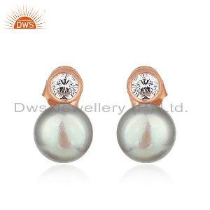 Gray Pearl Gemstone Rose Gold Plated 925 Silver Stud Earrings Jewelry