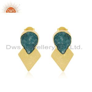 Green Druzy Gemstone Gold Plated Floral Design Stud Earrings