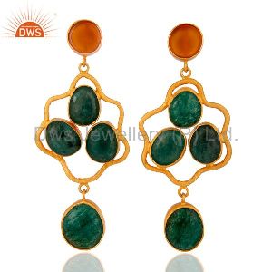 Handcrafted 925 sterling Silver Dyed Emerald Gemstone Earring -24K Gold Plated