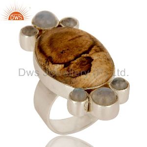 Handmade Sterling Silver Picture Jasper And Rainbow Moonstone Statement Ring