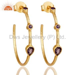 Hydro Amethys & Zirconia Studs Brass Earrings With 18K Yellow Gold Plated