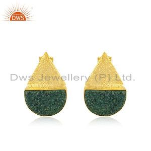 Indian Handcrafted Brass Fashion Gold Plated Green Gemstone Stud Earrings
