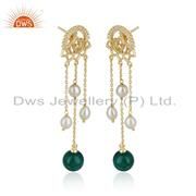 Louts Gold Plated Silver Pearl Green Onyx Drop Gemstone Earrings