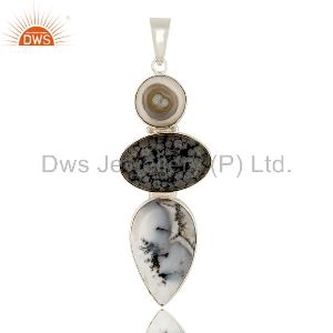 Natural Dendritic Opal, And Snowflake Obsidian Bezel Set Sterling Silver Pendant