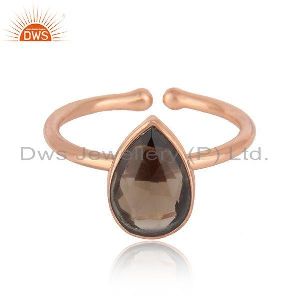 Natural Smoky Quartz Gemstone Rose Gold Plated Silver Ring Jewelry