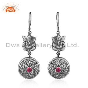 Pink Hydro Gemstone Oxidized 925 Silver Lord Ganesha Earrings Jewelry