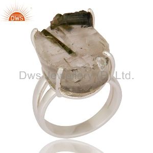 Prong Set Natural Tourmaline Rough Gemstone Solid 925 Sterling Silver Ring