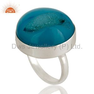 Round Blue Agate Druzy Cocktail Ring In Solid Sterling Silver