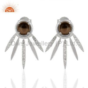 Smoky Topaz And White Cz Studded Spike Post 92.5 Sterling Silver Earring