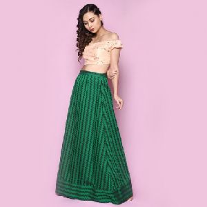 Peach Embroidered Blouse With Green Skirt