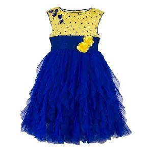Yellow and Blue Printed waterfall Girls Party Dress