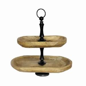TWO TIERED WOODEN PASTRY CAKE STAND, HEXAGON