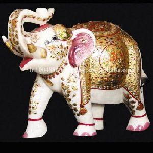 Decorative White Marble Handicraft Painted Elephant Statue