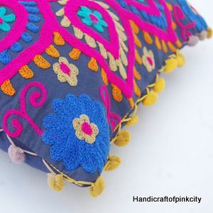 Cotton Suzani Boho Throw Floral Embroidery Pillow Cushion