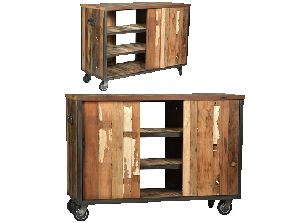 Reclaimed Wood Three Shelves Cabinet With Wheels