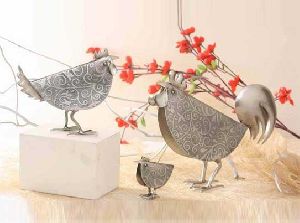 Silver Color Metal Hen Cocks Decorative Figurine