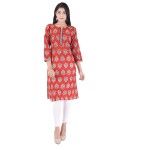 Desi Beats WomenPrinted Red Colour 3/4 Sleeve Kurti