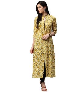 Jaipur Kurti Women Yellow Booti Print A-line with Front Slit Cotton Kurta