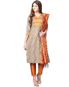 Beige And Mustard Solid Straight Chanderi Kurta With Pant