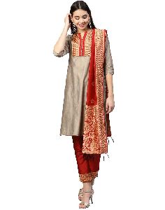 Beige and Red Solid Straight Chanderi Kurta with Pant and Dupatta