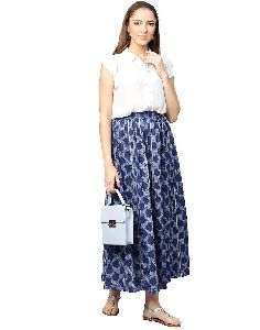 Blue Ethnic Motifs Straight Cotton Skirt