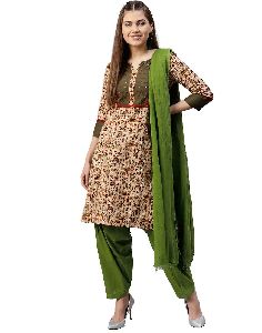 Green Solid Straight Cotton Kurta with Patiala and Dupatta