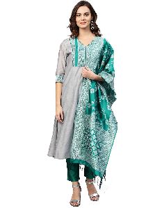 Grey and Green Solid Straight Chanderi Kurta with Pant and Dupatta